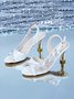 Slingback Leaf Pattern Rhinestone Mesh Block Heel Sandals
