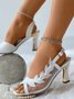 Slingback Leaf Pattern Rhinestone Mesh Block Heel Sandals