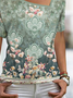 Jersey Asymmetrical Collar Casual Floral Printed T-Shirt