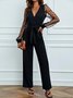 Plain Long Sleeve V Neck Lace-Up Casual V Neck Jumpsuit