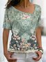 Jersey Asymmetrical Collar Casual Floral Printed T-Shirt