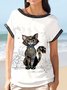 Loose Cat Hot Drilling Crew Neck Casual Shirt