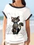 Loose Cat Hot Drilling Crew Neck Casual Shirt