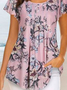 Casual Loose Red Floral Crew Neck Shirt