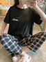 Plaid Print Pajamas Loose Round Neck Short Sleeve Trousers Homewear Set