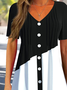 V Neck Jersey Buckle Casual Color-block Blouses