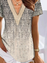 V Neck Split Joint Lace Ethnic Printed Casual Blouses