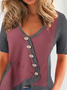 Color Block Short Sleeve Buckle V Neck Casual Tunic Shirt