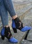 Black-blue Lace Paneled Denim Chunky Heel Sandals Boots