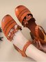 Vintage Applique Decor Braided Block Heel Cowhide Leather Sandals