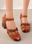 Vintage Applique Decor Braided Block Heel Cowhide Leather Sandals