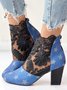 Black-blue Lace Paneled Denim Chunky Heel Sandals Boots