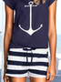 Striped Color Block Geometric Short Sleeve Crew Neck Casual Top With Shorts Two-Piece Set