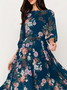 Blue Floral Vacation Loose Crew Neck Dress