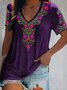 Plus Size V Neck Loose Knitted Ethnic T-Shirt