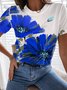 Crew Neck Loose Casual Blue Floral T-Shirt