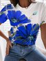 Crew Neck Loose Casual Blue Floral T-Shirt