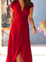 Plain Lace-Up Short Sleeve V Neck Casual Long Dress