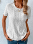 Loose Casual Crew Neck Solid Eyelet Embroidery  T-shirt