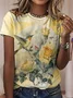 Women's Yellow Floral Bird Simple Loose T-Shirt