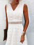 Plain Sleeveless Lace Hollow out V Neck Casual Tunic Dress