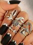 8Pcs Casual Silver Turtle Anchor Shell Pattern Ring Set Holiday Daily Women Jewelry