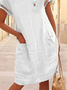 Plain Buckle Hollow out Lace Short Sleeve Pockets Casual Tunic Dress