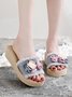 Floral Decor Denim Raw Hem Wide Strap Beach Slippers