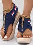 Zip Front Design Denim Wedge Heel Thong Sandals