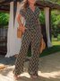 Geometric Short Sleeve Lace-Up Pockets V Neck Casual Jumpsuit
