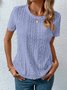 Loose Casual Crew Neck Solid Eyelet Embroidery  T-shirt