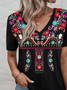 Casual V Neck Loose Ethnic T-Shirt