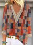 Geometric Colorblock Hollow Out Lace V Neck Casual Shirt