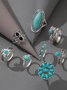 Ethnic Style Silver Metal Inlaid Turquoise Ring Set Retro Casual Women's Jewelry