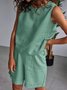 Plain Sleeveless Crew Neck Tank Top With Pockets Shorts Casual Two-Piece Set