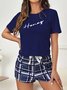 Plaid Text Letters Printing Casual Pajama Set