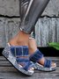 Buckled Fringe Denim Wedge Slides Sandals