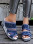 Buckled Fringe Denim Wedge Slides Sandals