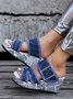 Buckled Fringe Denim Wedge Slides Sandals