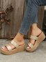 Champagne Strap Panel Faux Woven Wedge Sandals