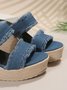 Blue Denim Fringe Wedge Heel Mule Sandals