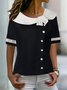 Plus Size Casual Navy Collar Jersey Color Block T-Shirt