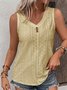 Loose V Neck Casual Buttoned Eyelet Embroidery  Front Tank Top