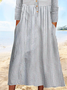 Plus Size Casual Loose Half Open Buttoned Collar Striped Long Sleeve Midi Dress