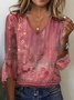 Floral Ethnic Boho Knitted Flare 3/4 Sleeve V Neck Casual Shirt