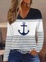 Plus Size Anchor Logo Loose Striped Casual V Neck Long Sleeve T-Shirt