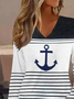 Plus Size Anchor Logo Loose Striped Casual V Neck Long Sleeve T-Shirt