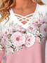 Contrasting Floral Loose V neck Knit Jersey Long Sleeve T-Shirt