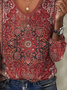Plus Size Mystery Mandala Printed Casual Ethnic Jersey V-neck Flared Cuffs T-Shirt