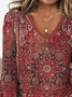 Plus Size Mystery Mandala Printed Casual Ethnic Jersey V-neck Flared Cuffs T-Shirt